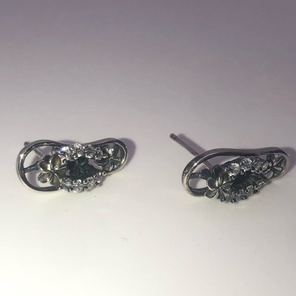 VTG Sterling & Cz Stone Sandal Thong Slipper Floral Plumeria Hibiscus Studs 20mm - Picture 3 of 6